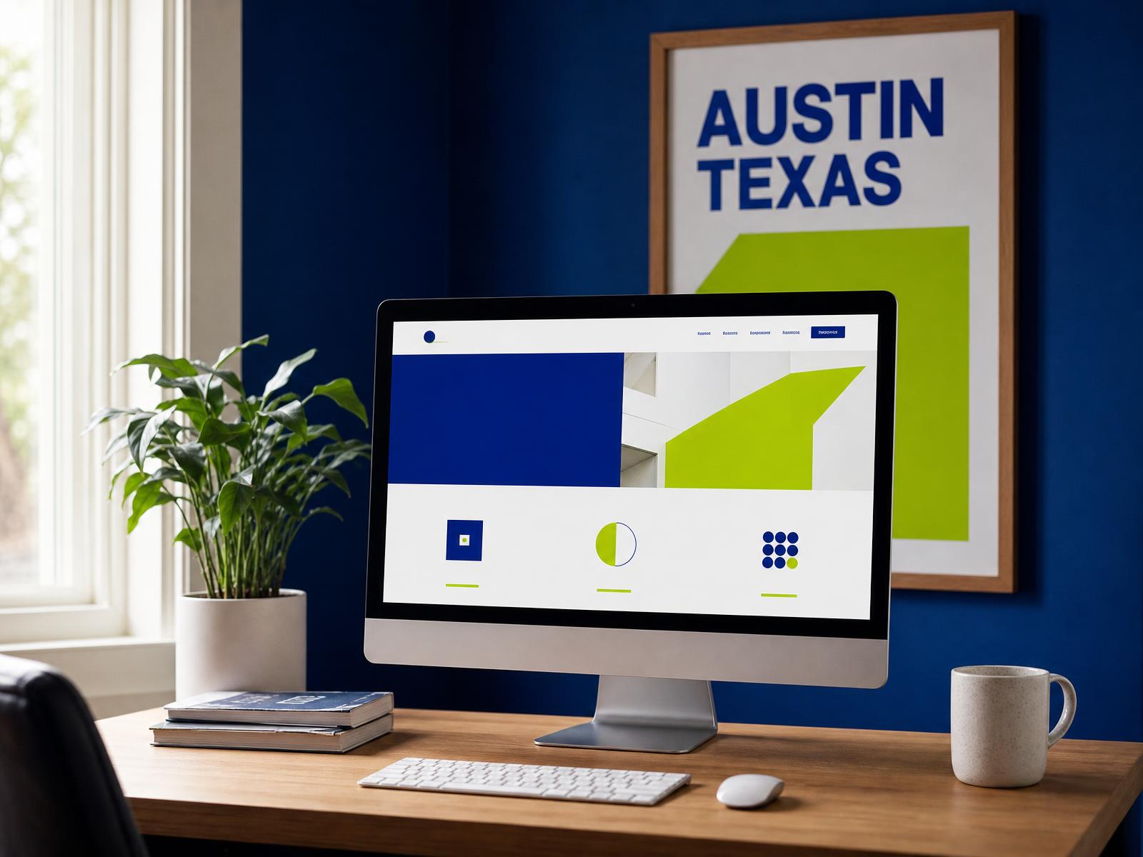 A studio workspace in Austin with a large monitor showing a website design in progress